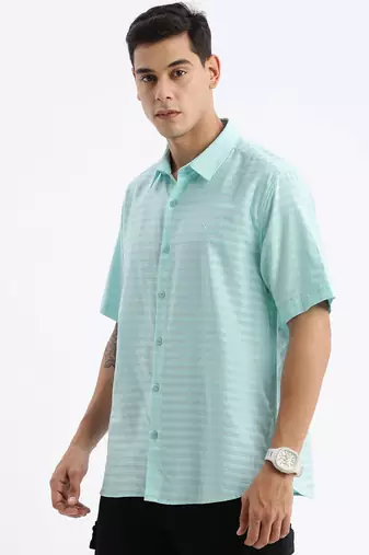 men's short sleeves solid slim fit turquoise blue shirt