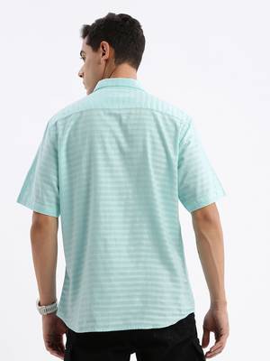 men's short sleeves solid slim fit turquoise blue shirt 4