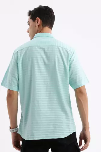 men's short sleeves solid slim fit turquoise blue shirt
