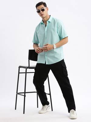 men's short sleeves solid slim fit turquoise blue shirt 5