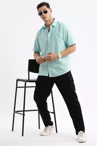 men's short sleeves solid slim fit turquoise blue shirt
