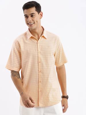 men's short sleeves solid slim fit peach shirt 2