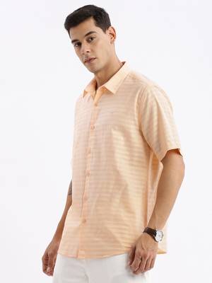 men's short sleeves solid slim fit peach shirt 3