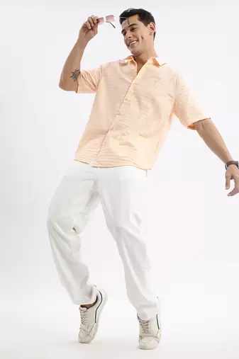 men's short sleeves solid slim fit peach shirt