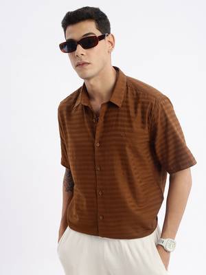 men's short sleeves solid slim fit brown shirt 1