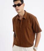 men's short sleeves solid slim fit brown shirt
