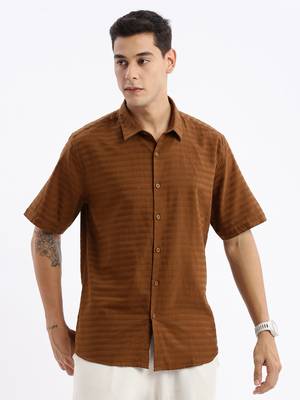 men's short sleeves solid slim fit brown shirt 2