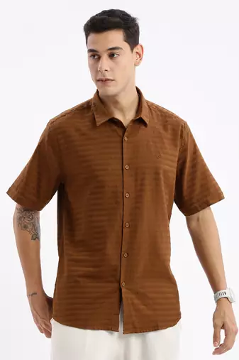 men's short sleeves solid slim fit brown shirt