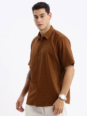 men's short sleeves solid slim fit brown shirt 3