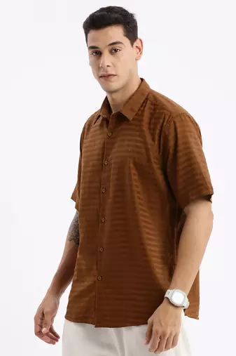 men's short sleeves solid slim fit brown shirt