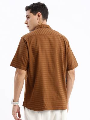men's short sleeves solid slim fit brown shirt 4