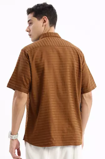 men's short sleeves solid slim fit brown shirt