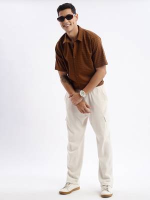 men's short sleeves solid slim fit brown shirt 5