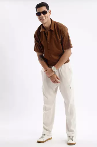 men's short sleeves solid slim fit brown shirt
