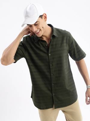 men's short sleeves solid slim fit green shirt 1