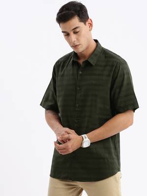 men's short sleeves solid slim fit green shirt 3