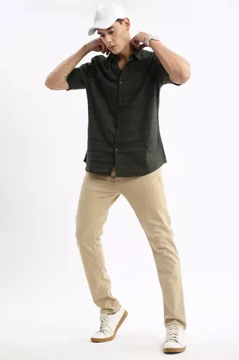 men's short sleeves solid slim fit green shirt