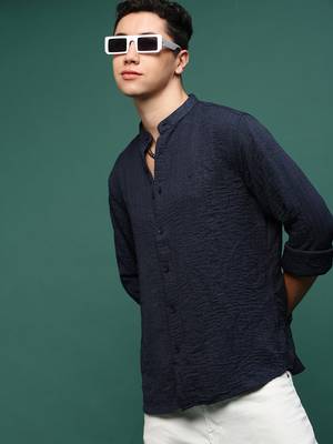 men's navy blue solid slim fit shirt 1