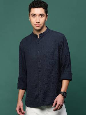 men's navy blue solid slim fit shirt 2