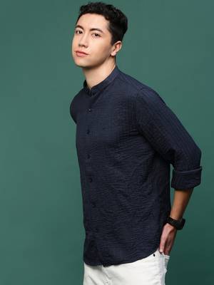 men's navy blue solid slim fit shirt 3