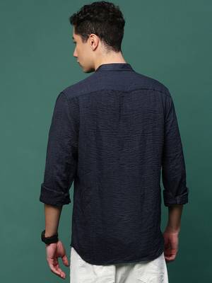 men's navy blue solid slim fit shirt 4
