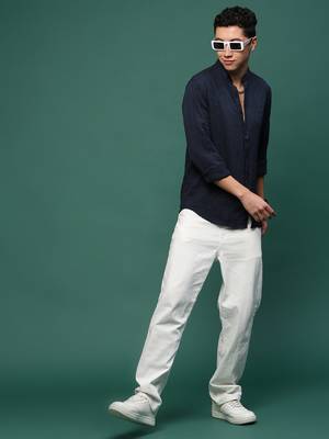 men's navy blue solid slim fit shirt 5