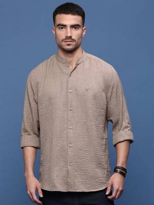 men's brown solid slim fit shirt 2