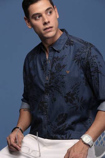 men's floral navy blue slim fit shirt