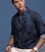 men's floral navy blue slim fit shirt