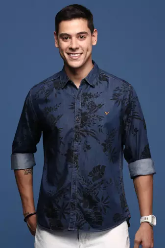 men's floral navy blue slim fit shirt