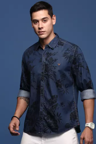 men's floral navy blue slim fit shirt
