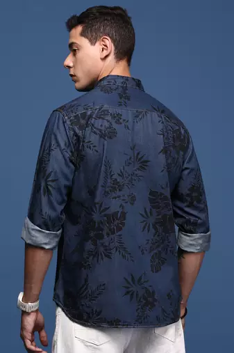 men's floral navy blue slim fit shirt