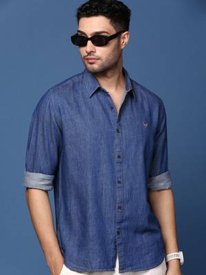 men's solid navy blue slim fit shirt 1