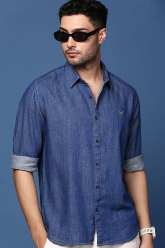 men's solid navy blue slim fit shirt