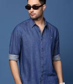 men's solid navy blue slim fit shirt