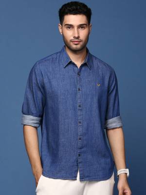 men's solid navy blue slim fit shirt 2