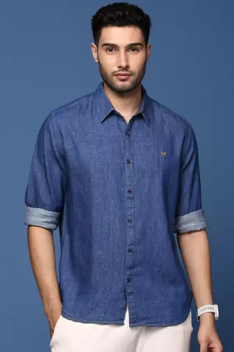 men's solid navy blue slim fit shirt