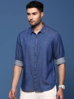 men's solid navy blue slim fit shirt 3