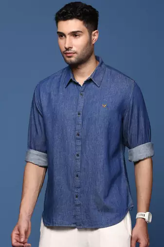 men's solid navy blue slim fit shirt