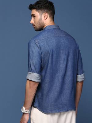 men's solid navy blue slim fit shirt 4