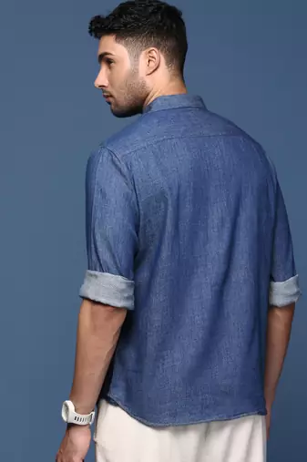 men's solid navy blue slim fit shirt