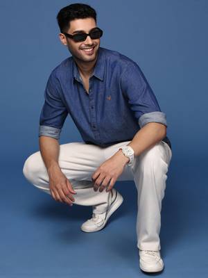 men's solid navy blue slim fit shirt 5