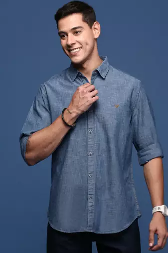 men's solid blue slim fit shirt