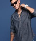 men's solid navy blue slim fit shirt