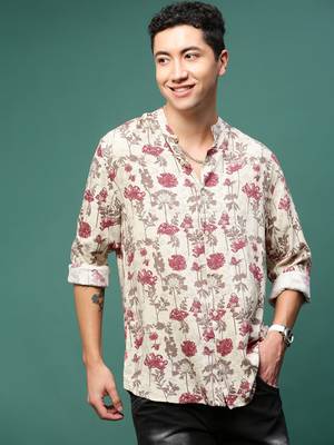 men's cream floral slim fit shirt 1