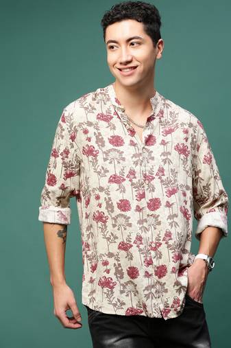 men's cream floral slim fit shirt