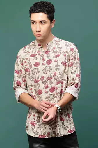 men's cream floral slim fit shirt