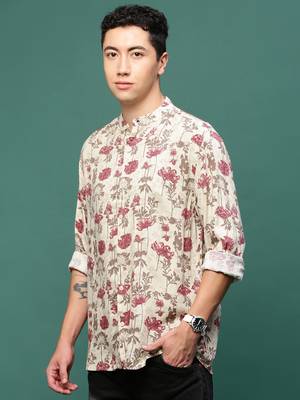 men's cream floral slim fit shirt 3
