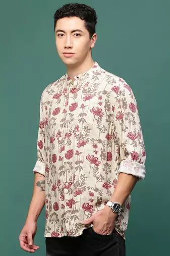 men's cream floral slim fit shirt
