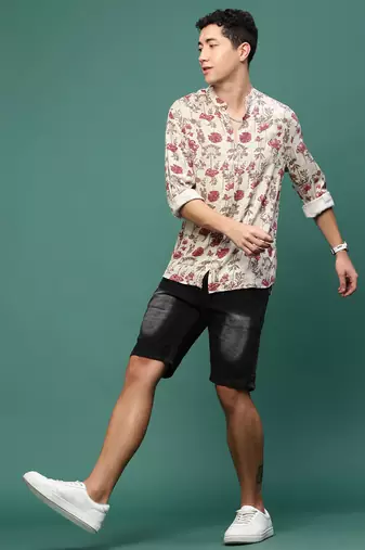 men's cream floral slim fit shirt